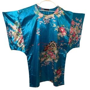 Silk Dynasty Blue Floral Kimono Robe Caftan Lounge Wear One Size Satin Boho